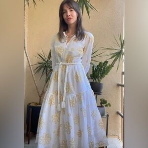 Alexis White Yellow Embroidered Eyelet 3/4 Sleeve Cottagecore Midi Dress.